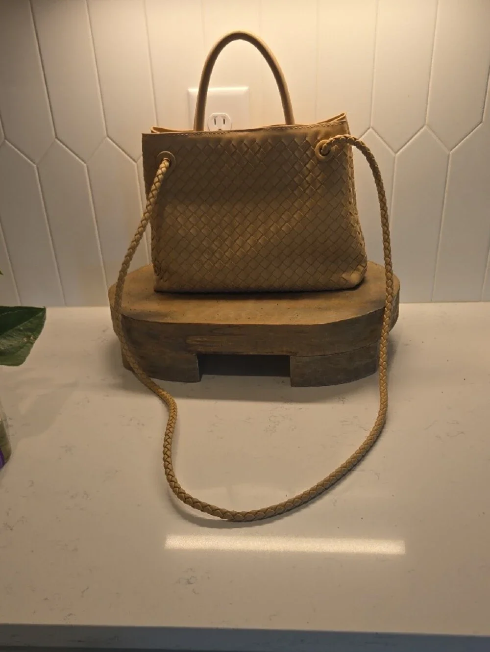 Woven Beige Leather Tote Bag with Braided Strap